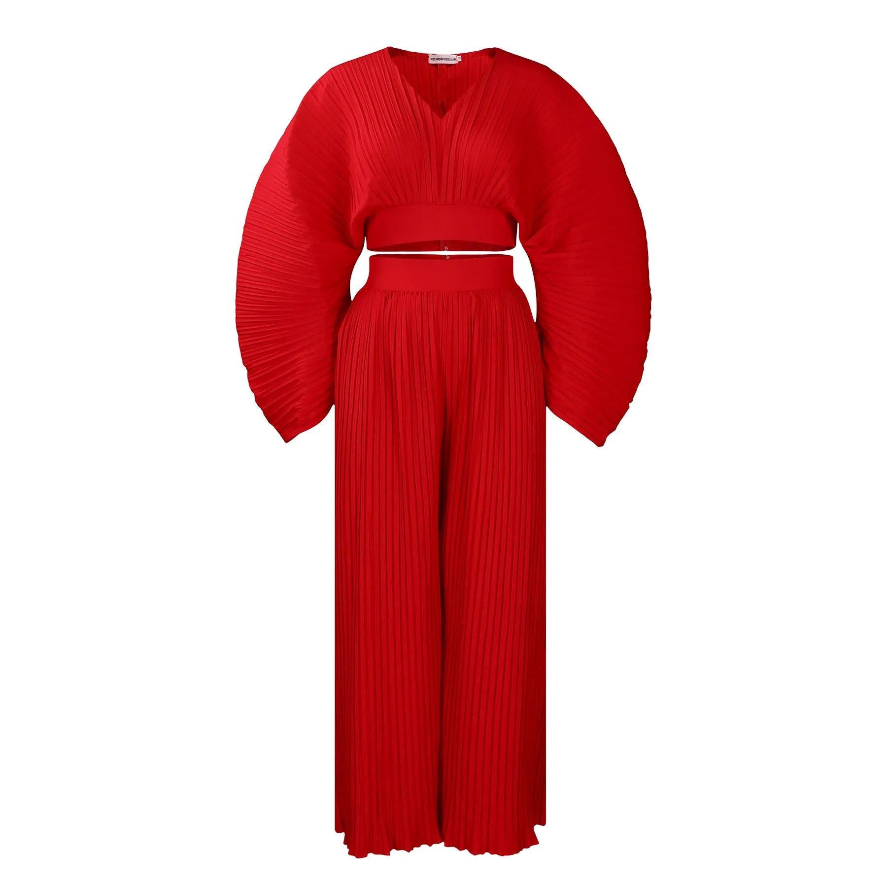 Women's African two-piece suit set with batwing sleeves and wide leg trousers in red or sapphire blue