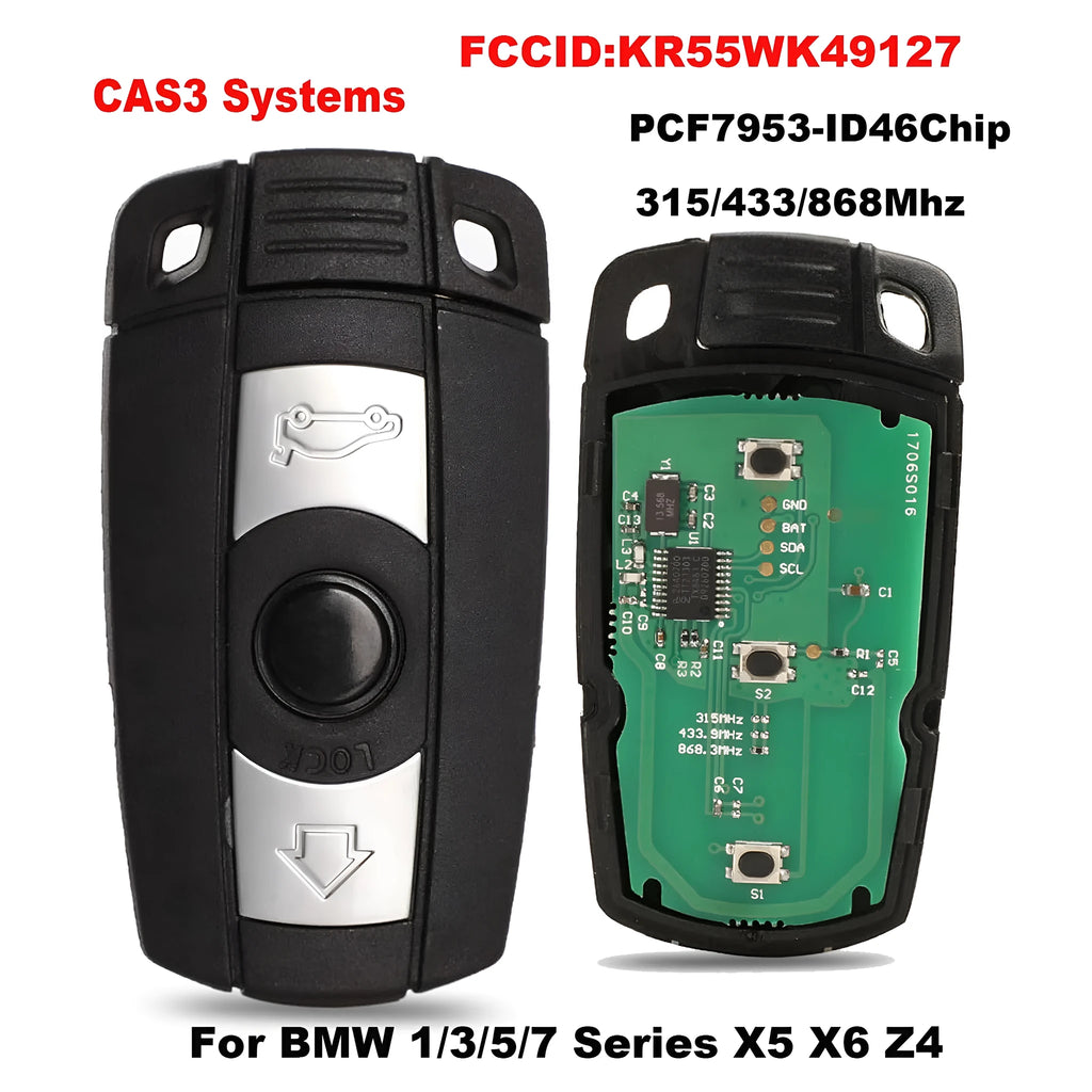 BMW CAS3 semi-intelligent three-button remote car key fob in metal and plastic.