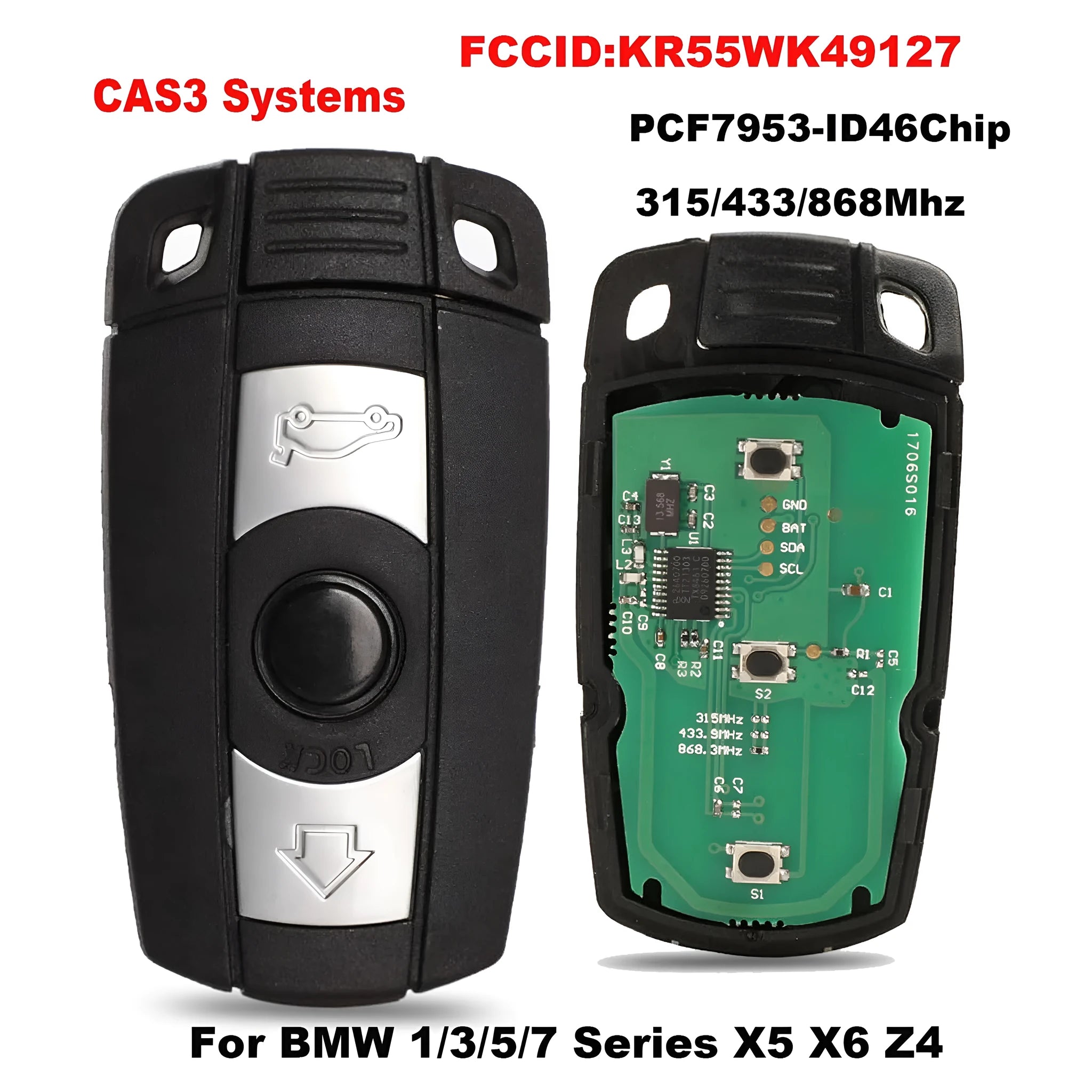 BMW CAS3 semi-intelligent three-button remote car key fob in metal and plastic.