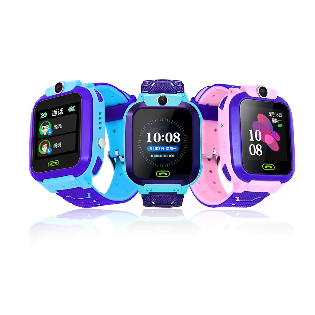 Blue waterproof children's smartwatch with colour touch screen on a silicone strap.