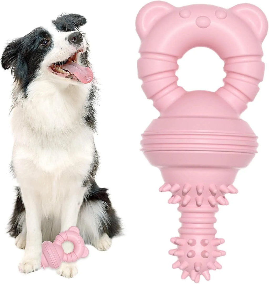 Blue rubber dog chew toy with textured surface for teeth cleaning, 13.5cm long