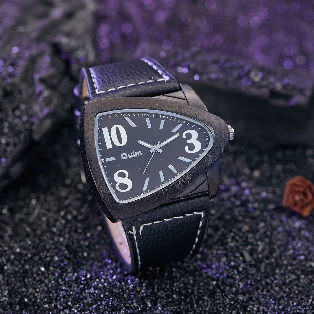 Men's casual quartz watch with triangle belt strap in brown, black, or blue colour option