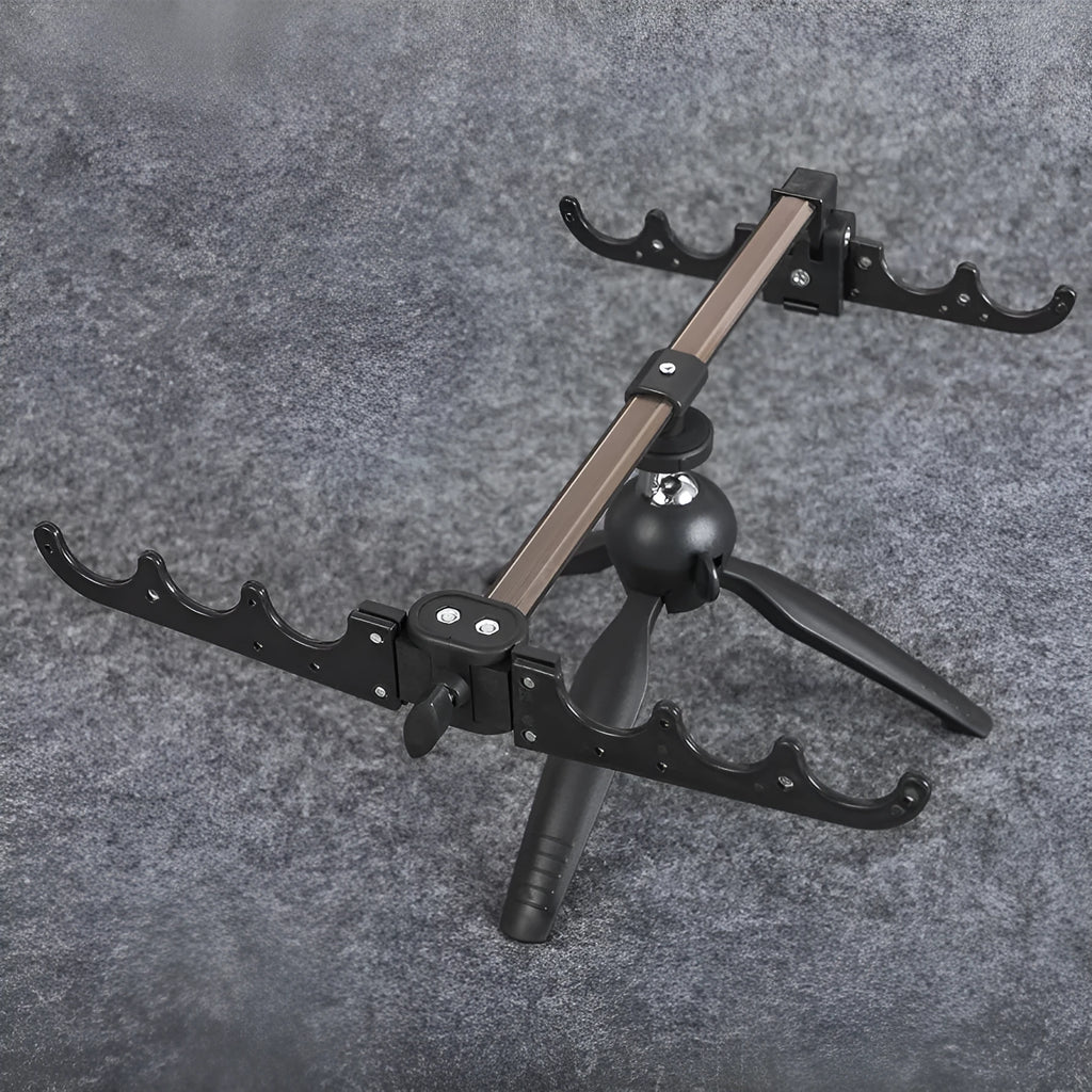 Silver aluminium tripod ice fishing rod holder bracket on ice.