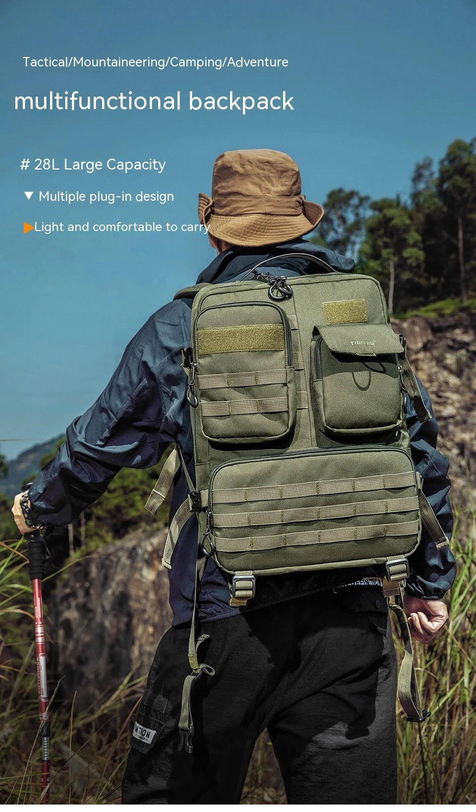 17-inch tactical backpack in army green with 20-35 litre capacity and waterproof nylon construction