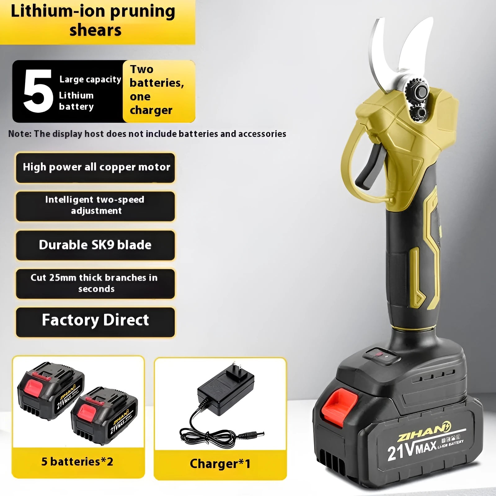 Wireless electric pruning shear with lithium batteries and plastic storage case.