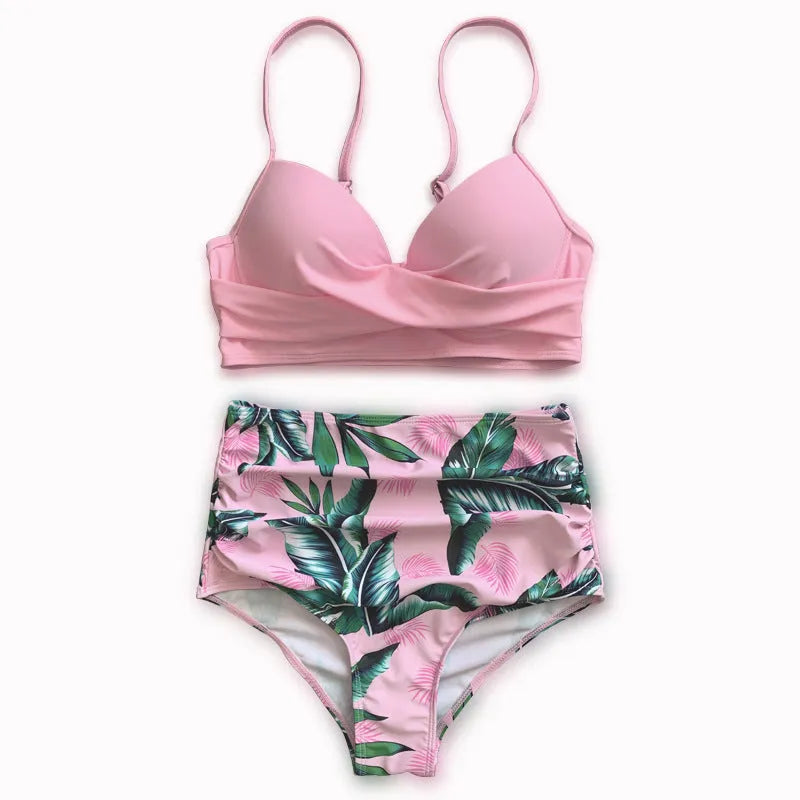 Yellow floral print women's push-up bikini with steel brackets and high-waisted briefs.