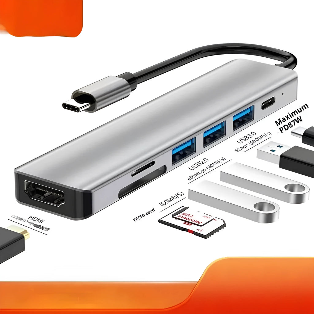 A compact 7-in-1 USB-C expansion dock with a 15cm cable, featuring HDMI and USB ports.