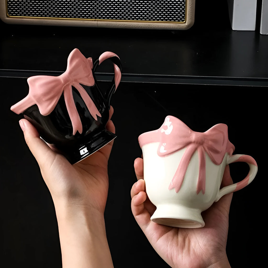 Girl heart bow pattern ceramic mug in black pink or white powder colour, 301-400ml capacity