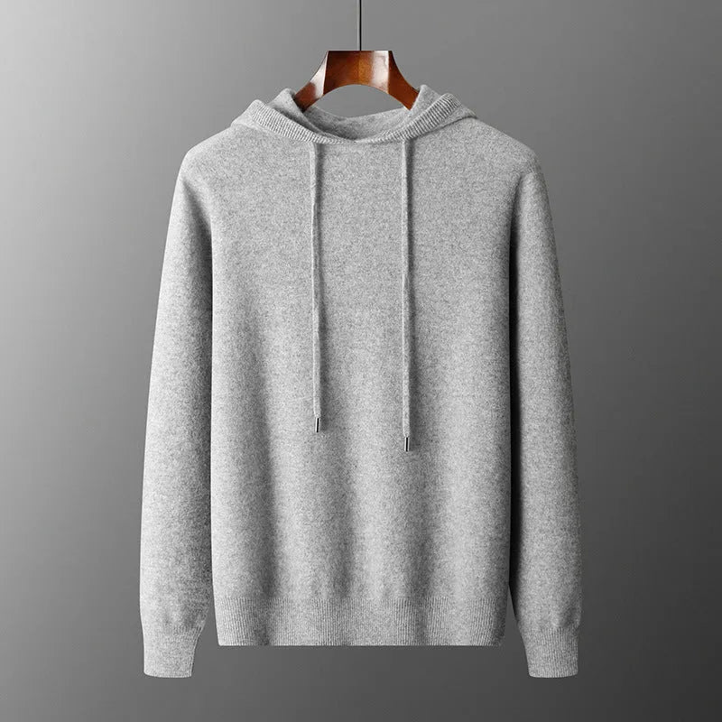 Men's light grey hooded knitted sweatshirt and matching long trousers casual set.