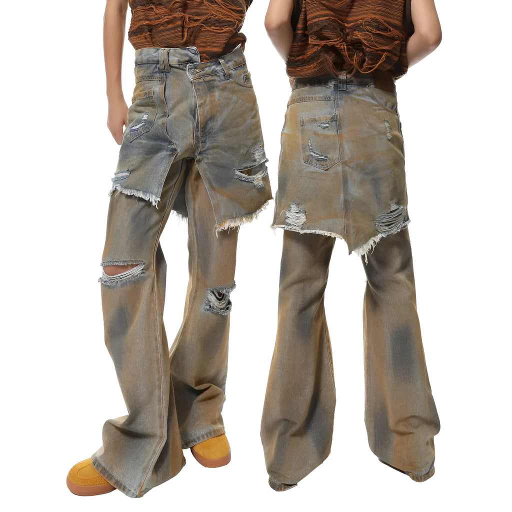 Women's loose-fit light blue bootcut denim jeans with a high waist and button fly.
