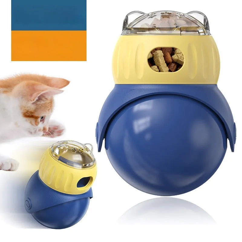 Morandi yellow and blue plastic owl-design tumbler cat feeder toy