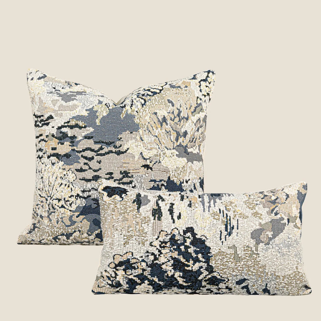 Antique blue floral patterned cushion cover in wool blend fabric, shown in square and rectangular sizes.