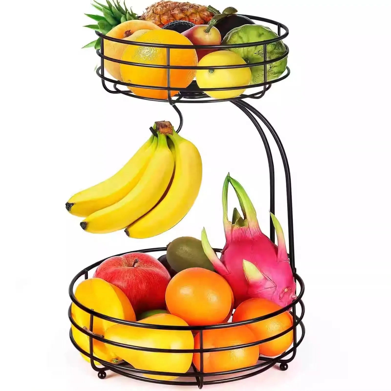 Black wrought iron double-layer fruit and vegetable storage basket with two tiers.