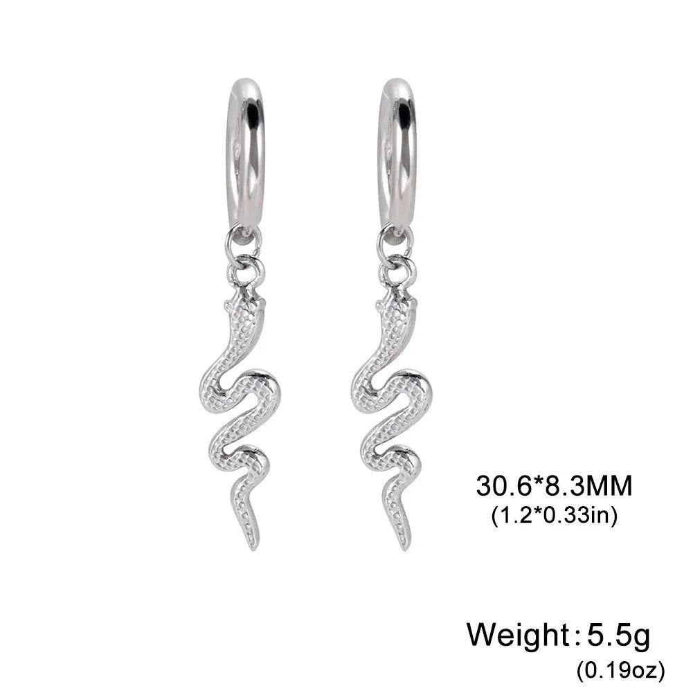 A pair of vintage-style snake-shaped earrings in stainless steel with a gold or steel electroplated finish.