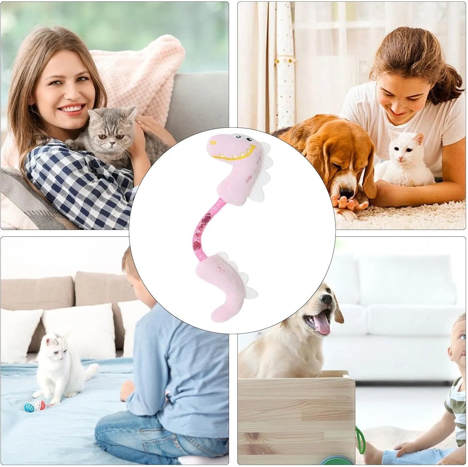 Four-piece cat toy bundle with plush fish, bunny, mouse, rope and spring toys for indoor cats