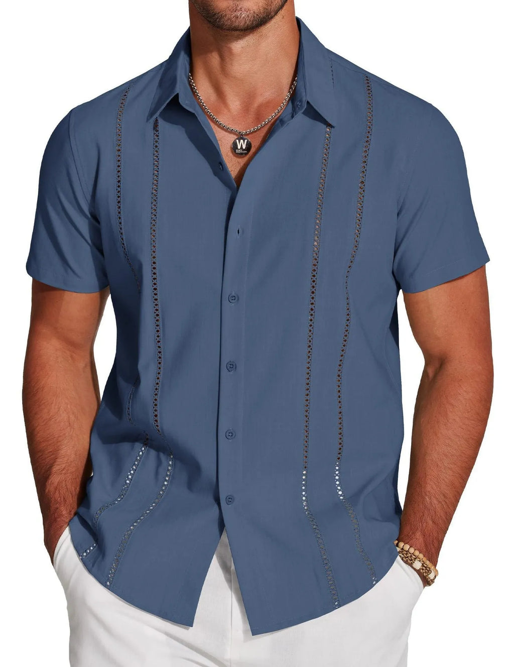 Men's slim fit short sleeve Hawaiian shirt with digital print pattern in elastic polyester fabric.