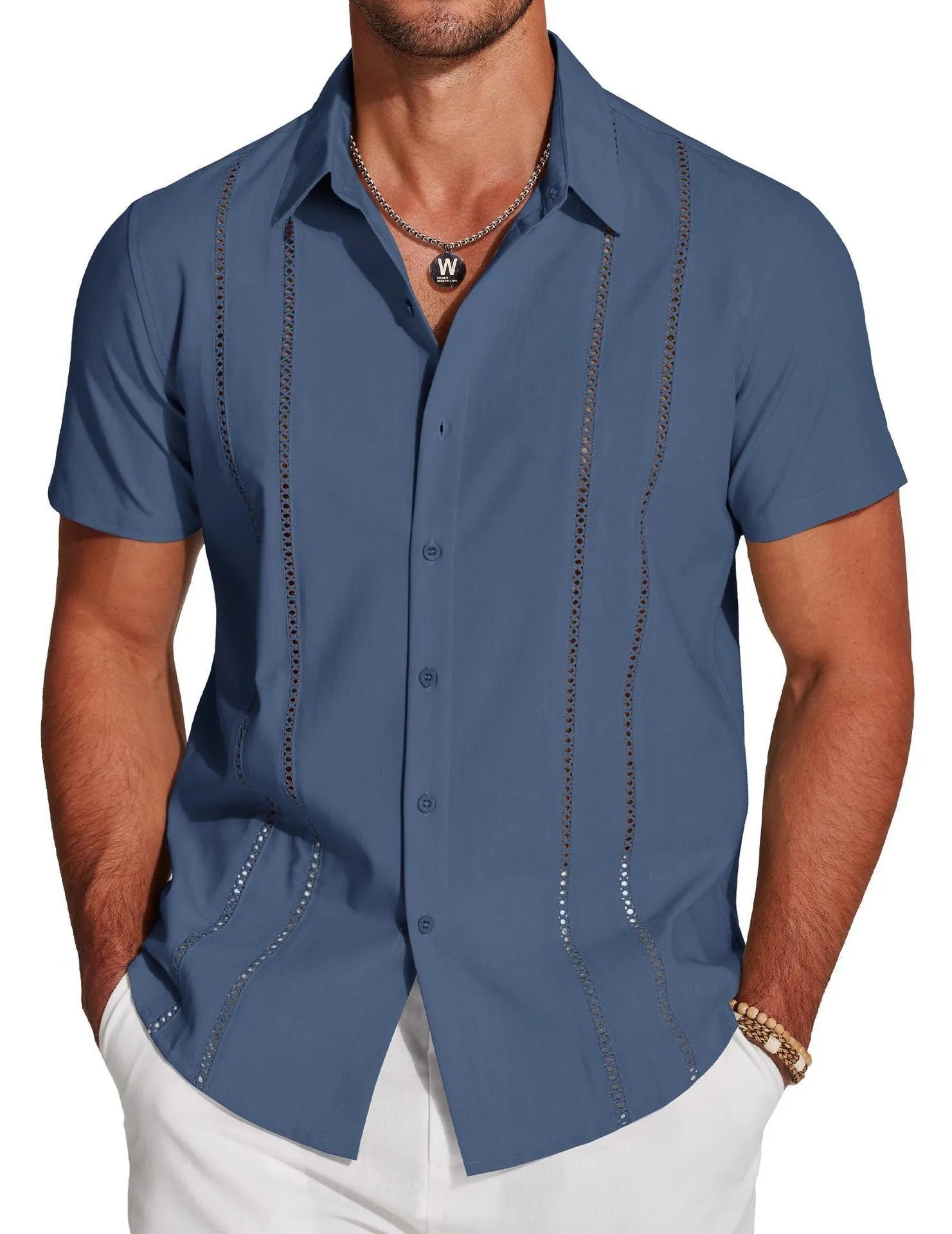 Men's slim fit short sleeve Hawaiian shirt with digital print pattern in elastic polyester fabric.
