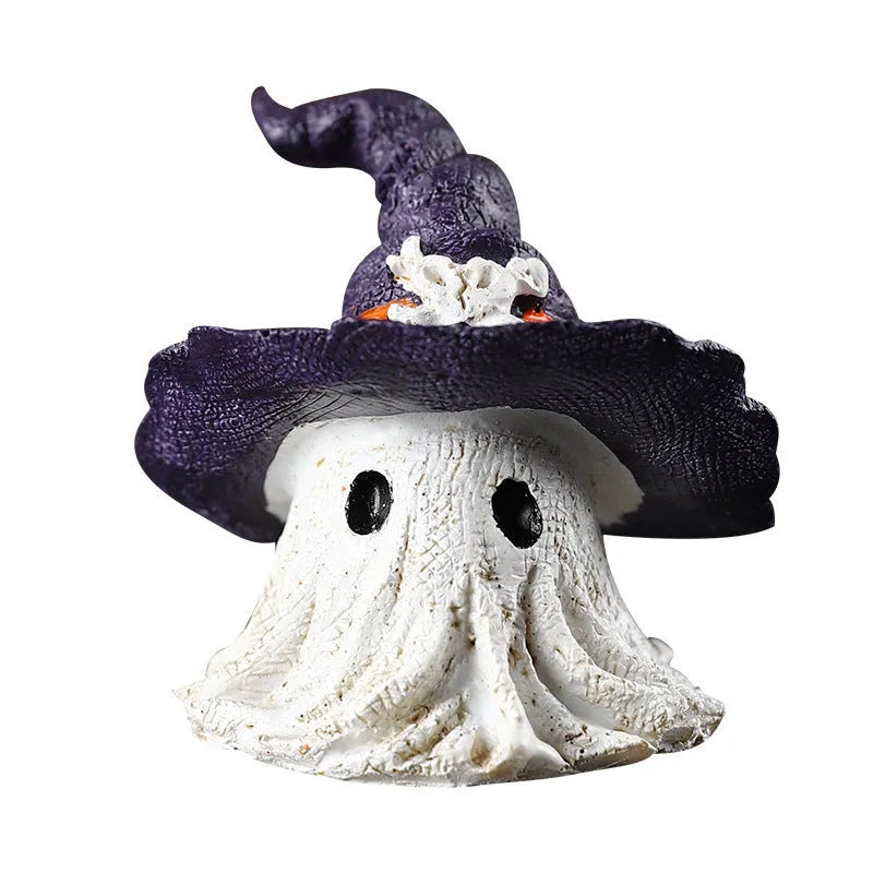 Purple and black resin wizard hat Halloween ghost ornament for holiday decorating.