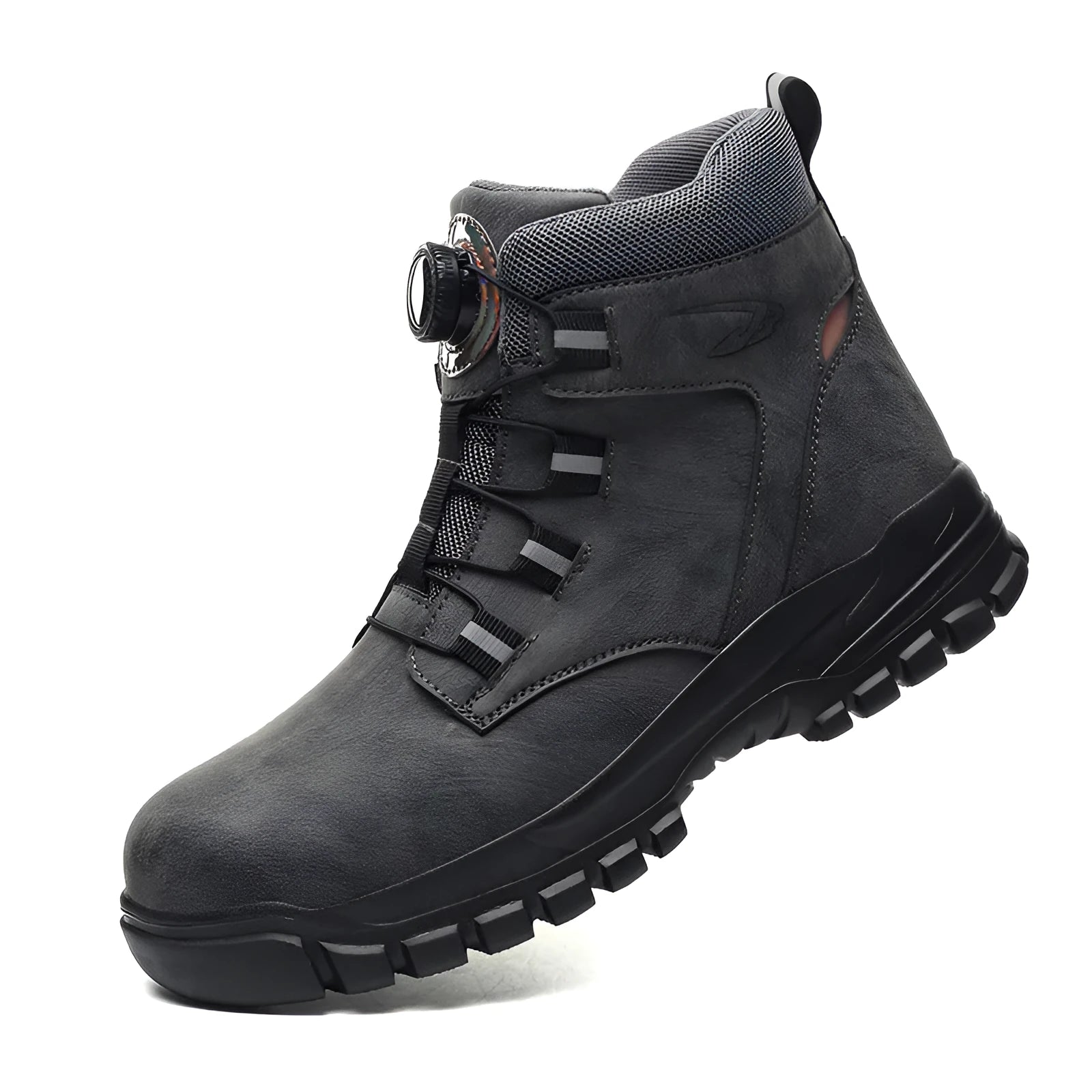 Men's black leather safety work shoes with a steel toecap and rubber sole on a grey background.