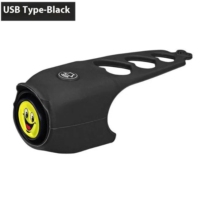 Plastic electronic bicycle horn in six colour options shown with two 2032 batteries.