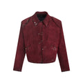 Men's red loose-fit quilted jacket with black flocking decorative pin detailing and lapel collar