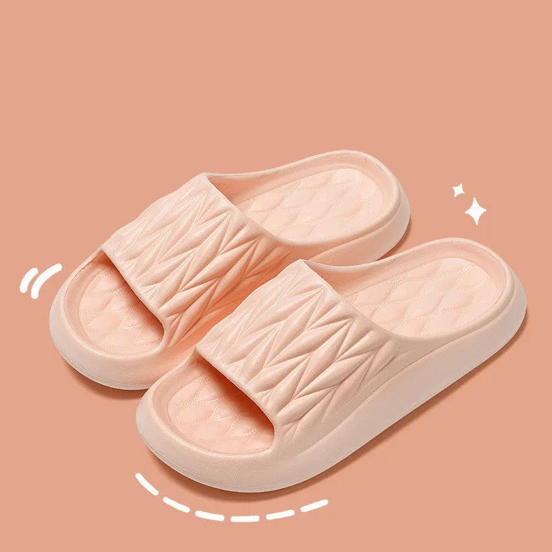 Leaf texture design EVA slippers in various colours showing non-slip sole and anti-odor properties