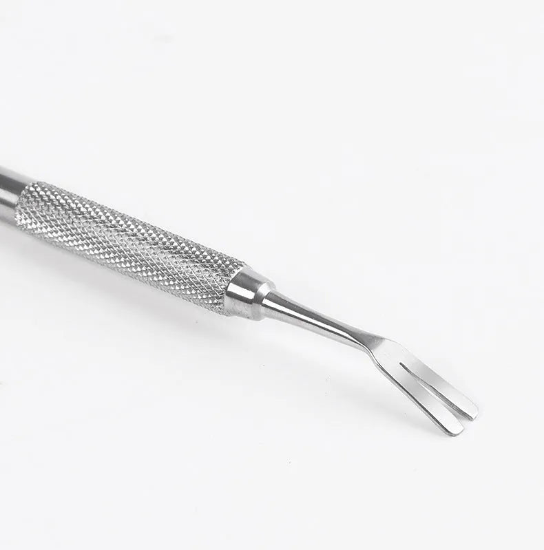 Silver stainless steel tick removal tweezers for pets on a plain background.