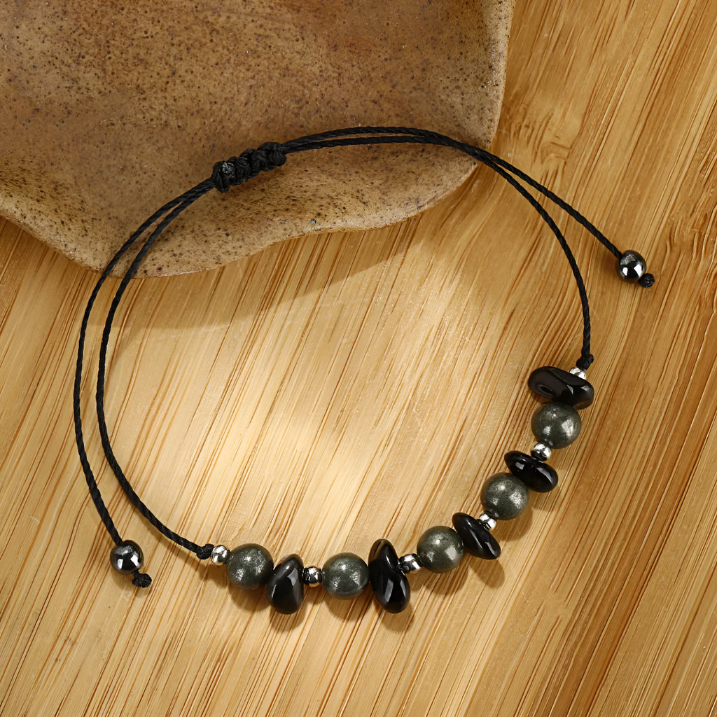 Black geometric garnet stone bracelet with a moon charm for unisex wear