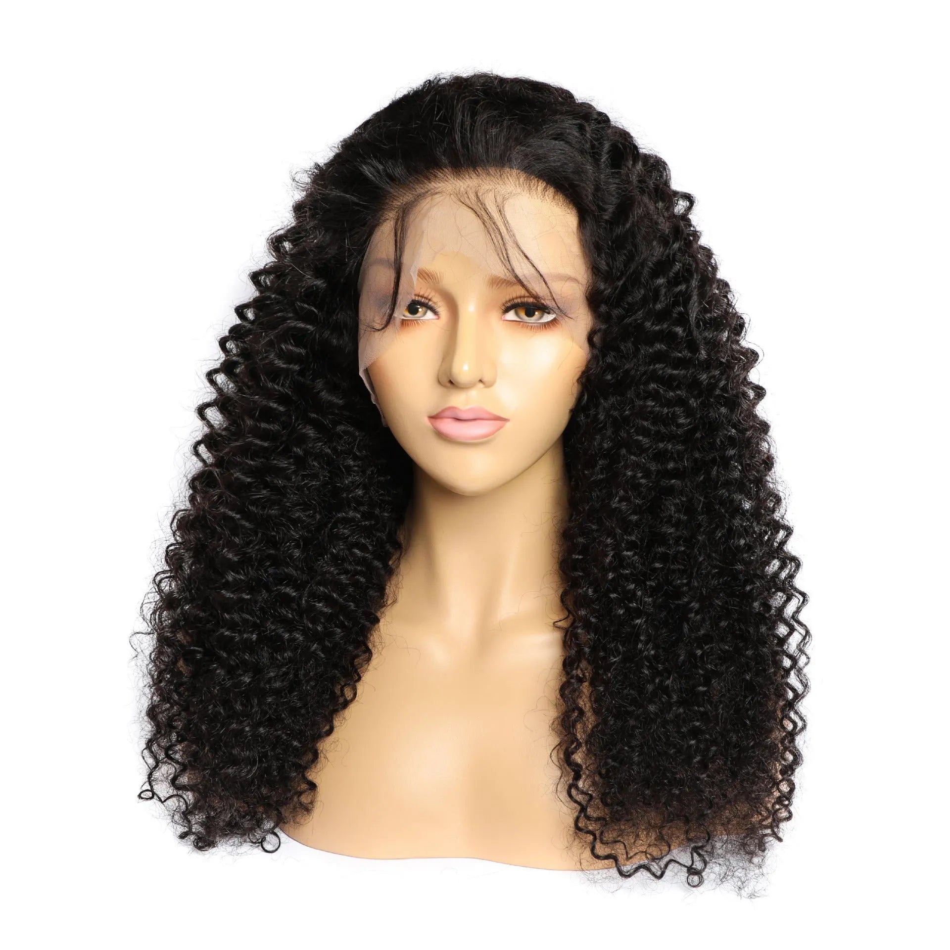Curly human hair lace front wig on a mannequin head, showing natural hairline and long, voluminous curls.