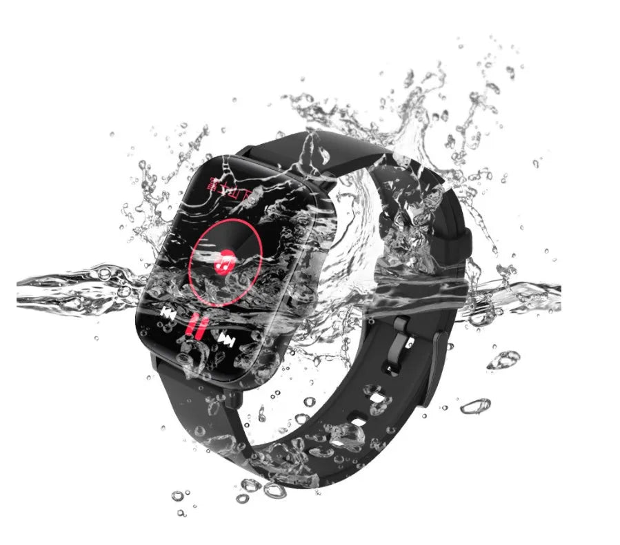 Black smart sports watch with colour touch screen on adjustable strap, showing heart rate data.
