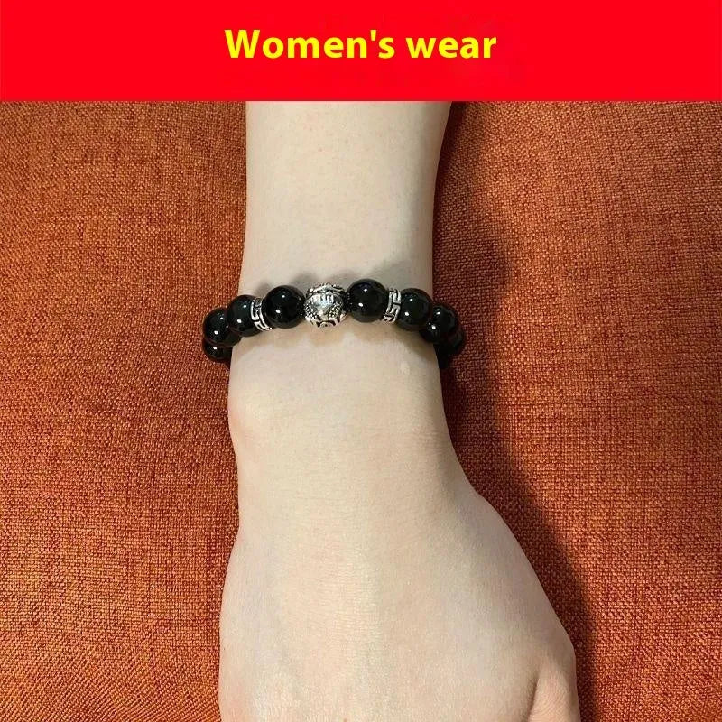 Natural obsidian and silver 999 unisex bracelet in simple style, showing 12mm and 10mm size options.