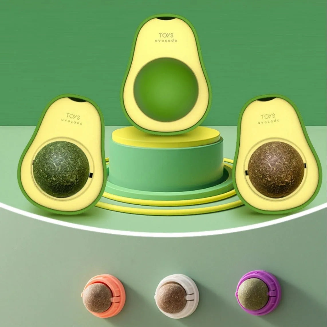 Colourful plastic cat toy ball with textured dental cleaning ridges and catnip infusion