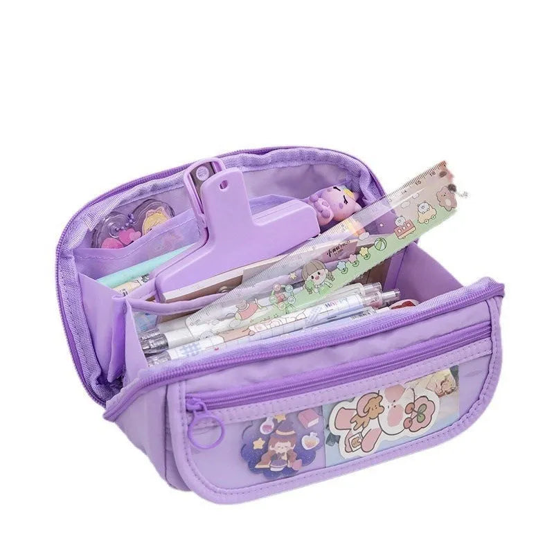 Korean style canvas pencil box with ten-layer flip design open showing multiple compartments for pens and pencils