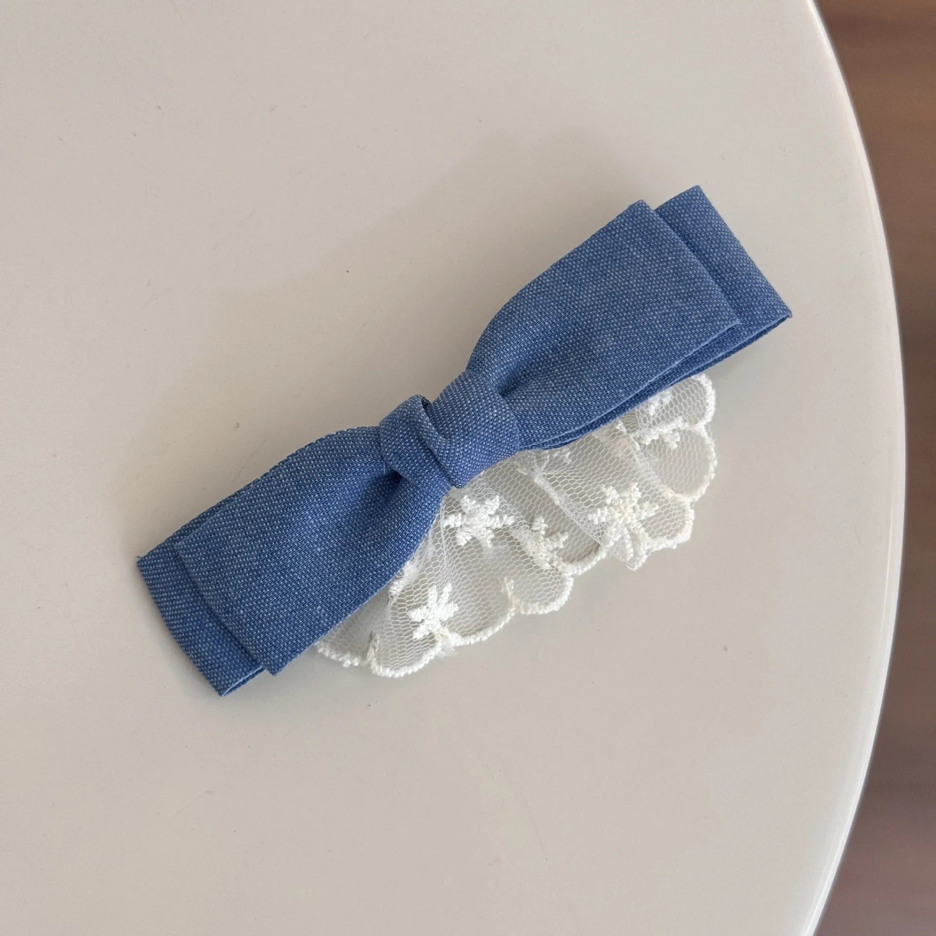 Hand-made pastoral cloth barrettes with beige lace and blue bow designs for women's hair