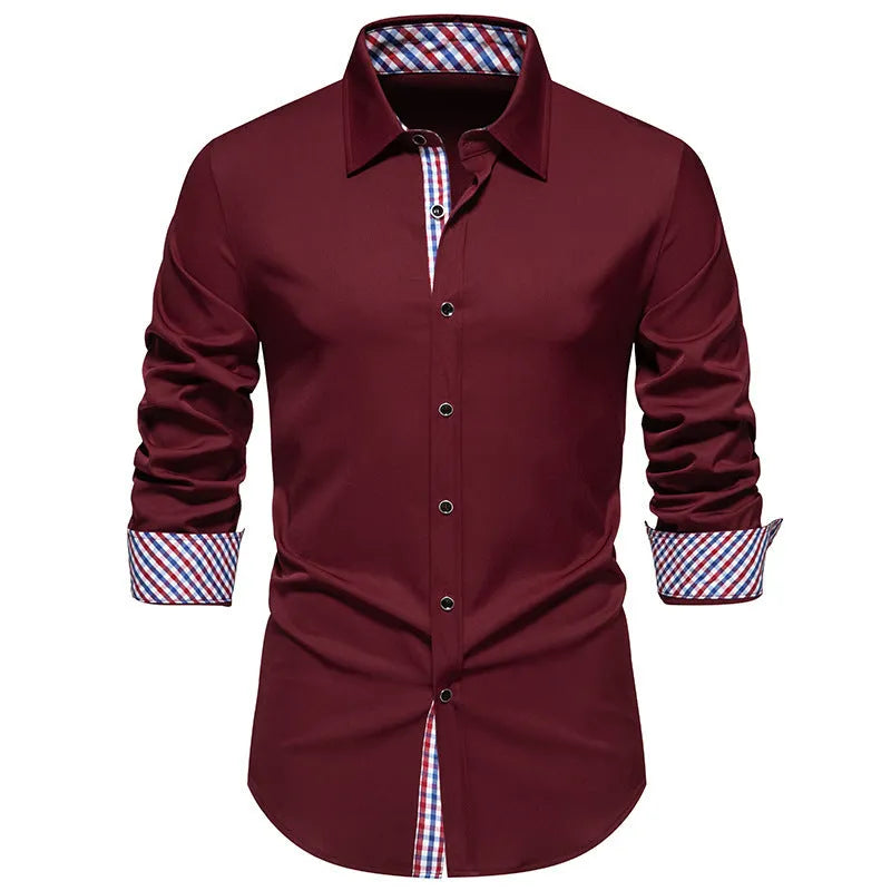 Men's loose fit plaid long-sleeved casual shirt in cardigan style on a hanger.