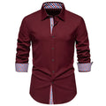 Men's loose fit plaid long-sleeved casual shirt in cardigan style on a hanger.