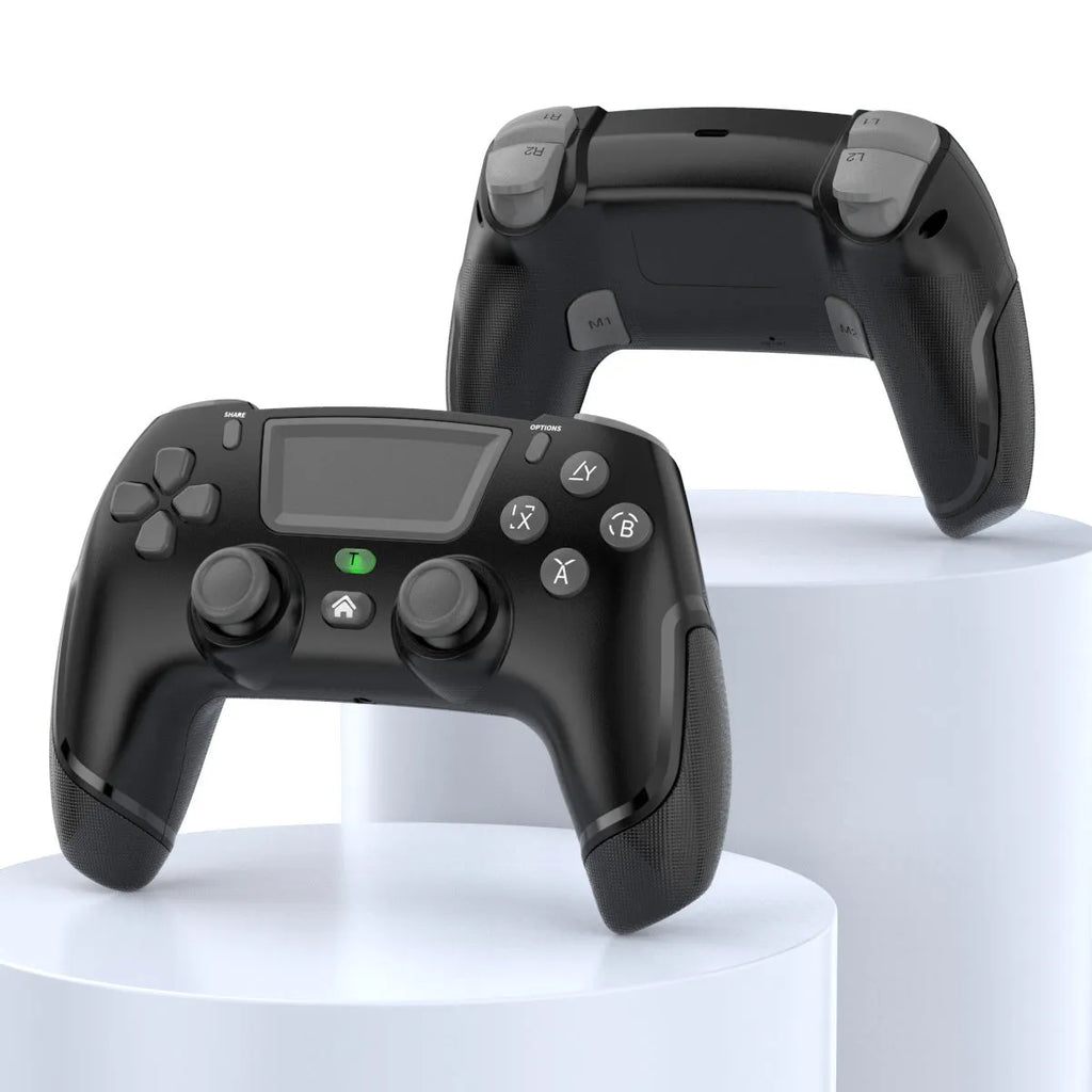 Fruit green wireless Bluetooth game controller for PS4, PC, mobile phone, and Nintendo Switch on a grey background.