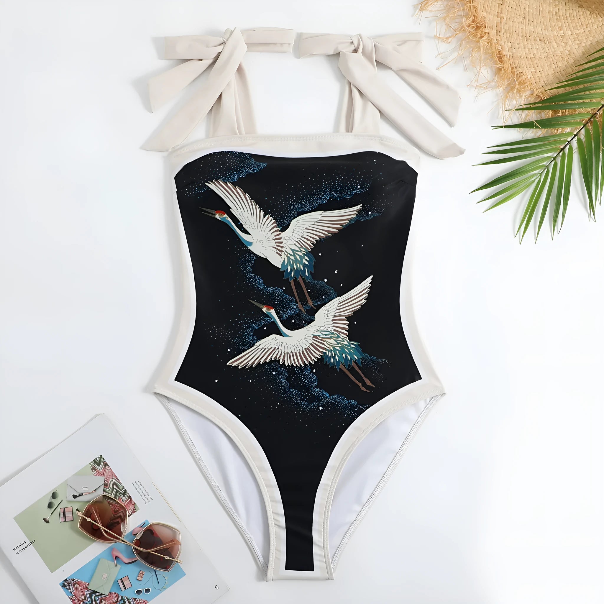 Women's retro one-piece swimsuit with chiffon skirt in a floral pattern