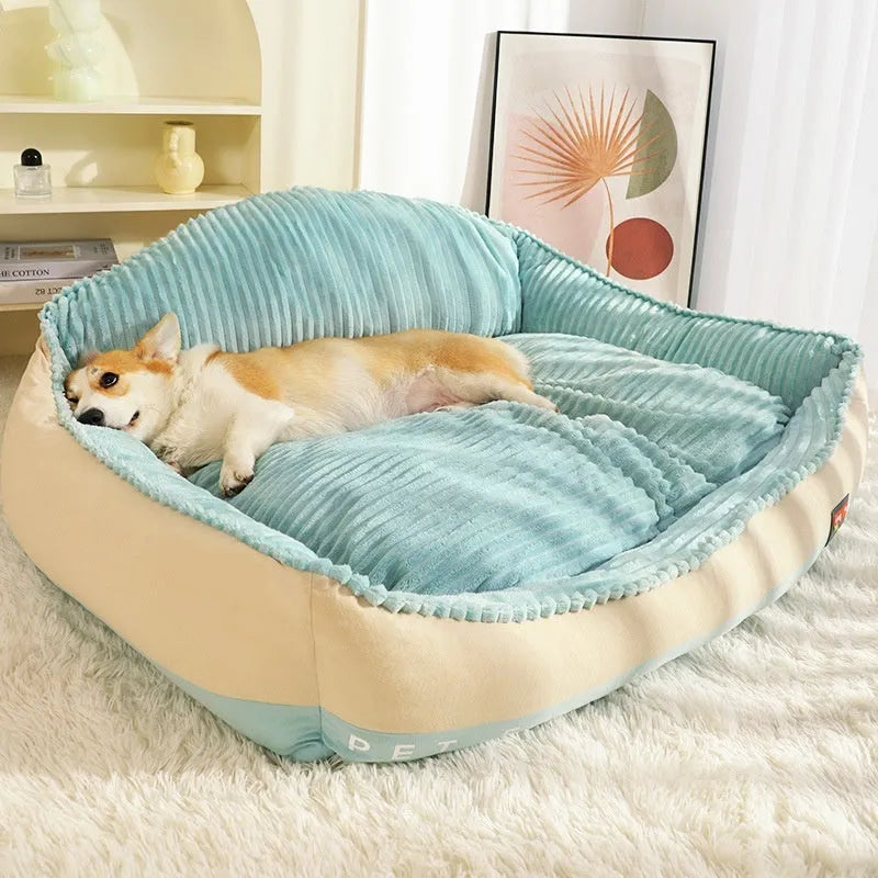 Morandi coloured removable washable pet bed mat with lazy sofa design for dogs and cats, shown in two size options.