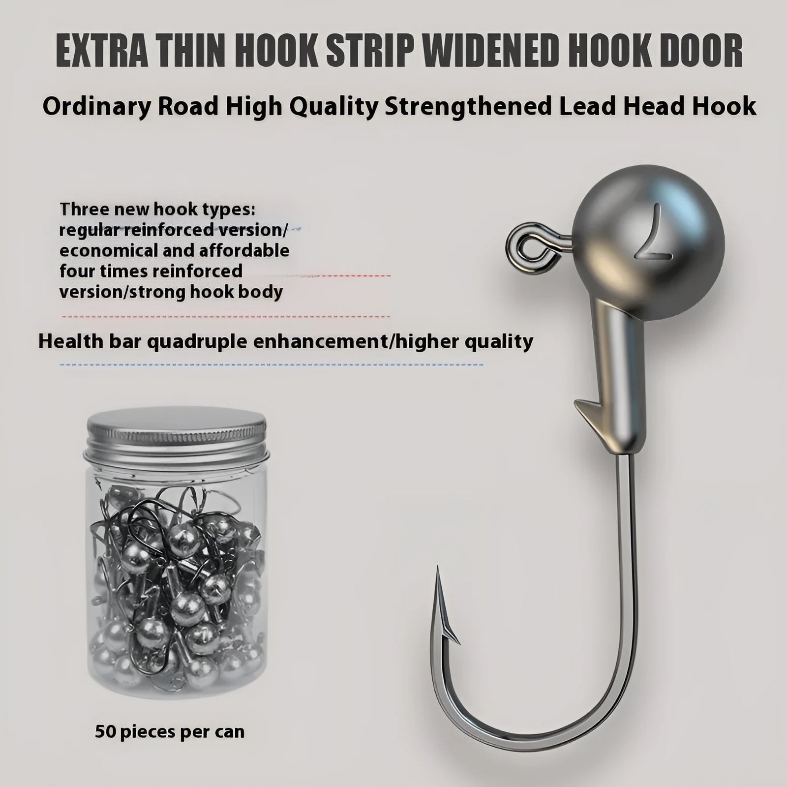 50-piece set of steel jig hooks in primary colours with a lead-headed hook for fishing.