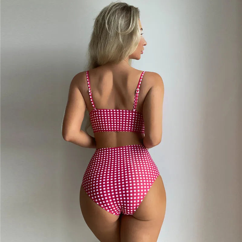 Women's high waist bikini swimsuit with plaid briefs in rose red, black, blue, or sky blue