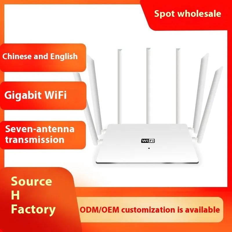 Black and white dual-band 5G gigabit router with multiple antennas on a wooden surface.