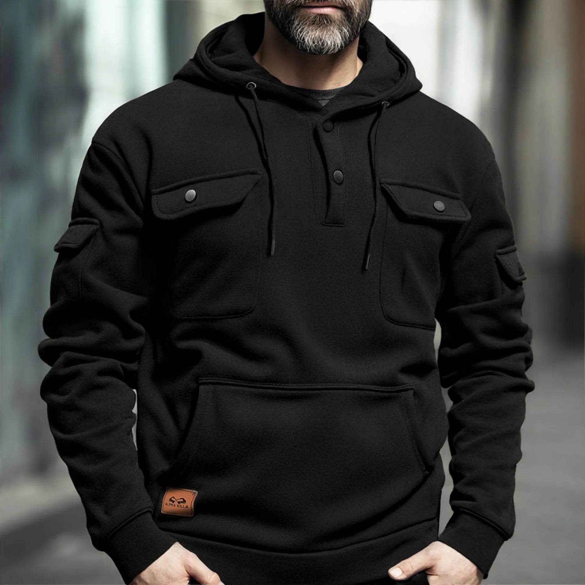Men's polyester button multi-pocket pullover sweater in solid colour with wool lining, loose fit