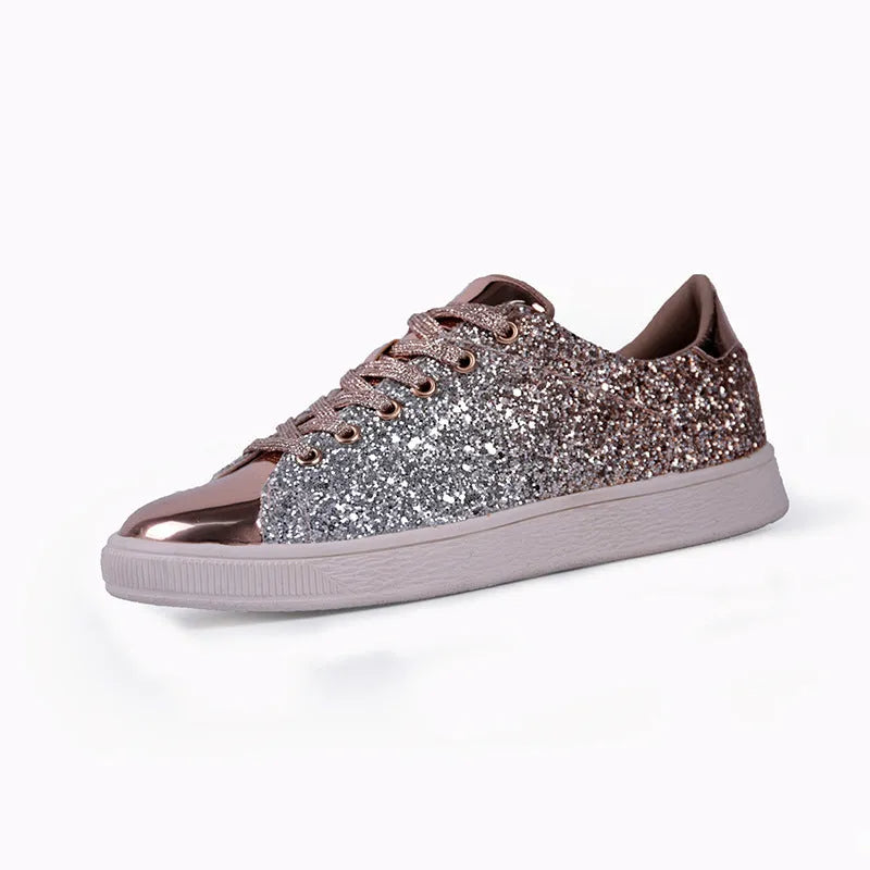 Women's colourful sequin low-top casual shoes with round toe and lace-up closure