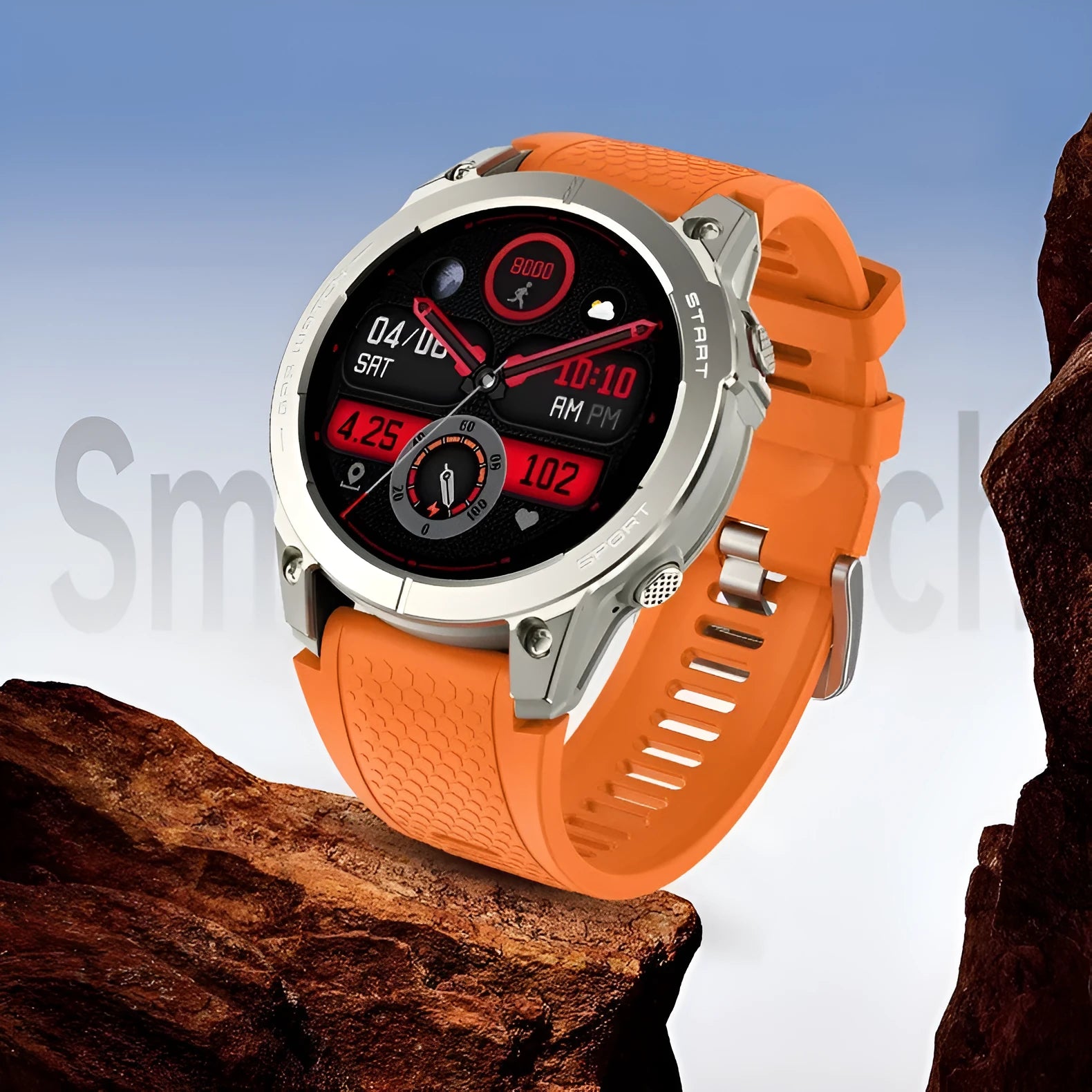 S53 Outdoor GPS Sports Smart Watch in Black or Orange with zinc alloy frame and silicone strap.