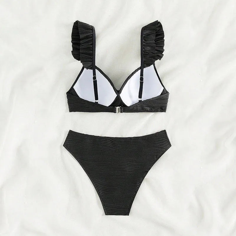 Women's solid colour polyester bikini swimsuit set in black or khaki with Asian sizing