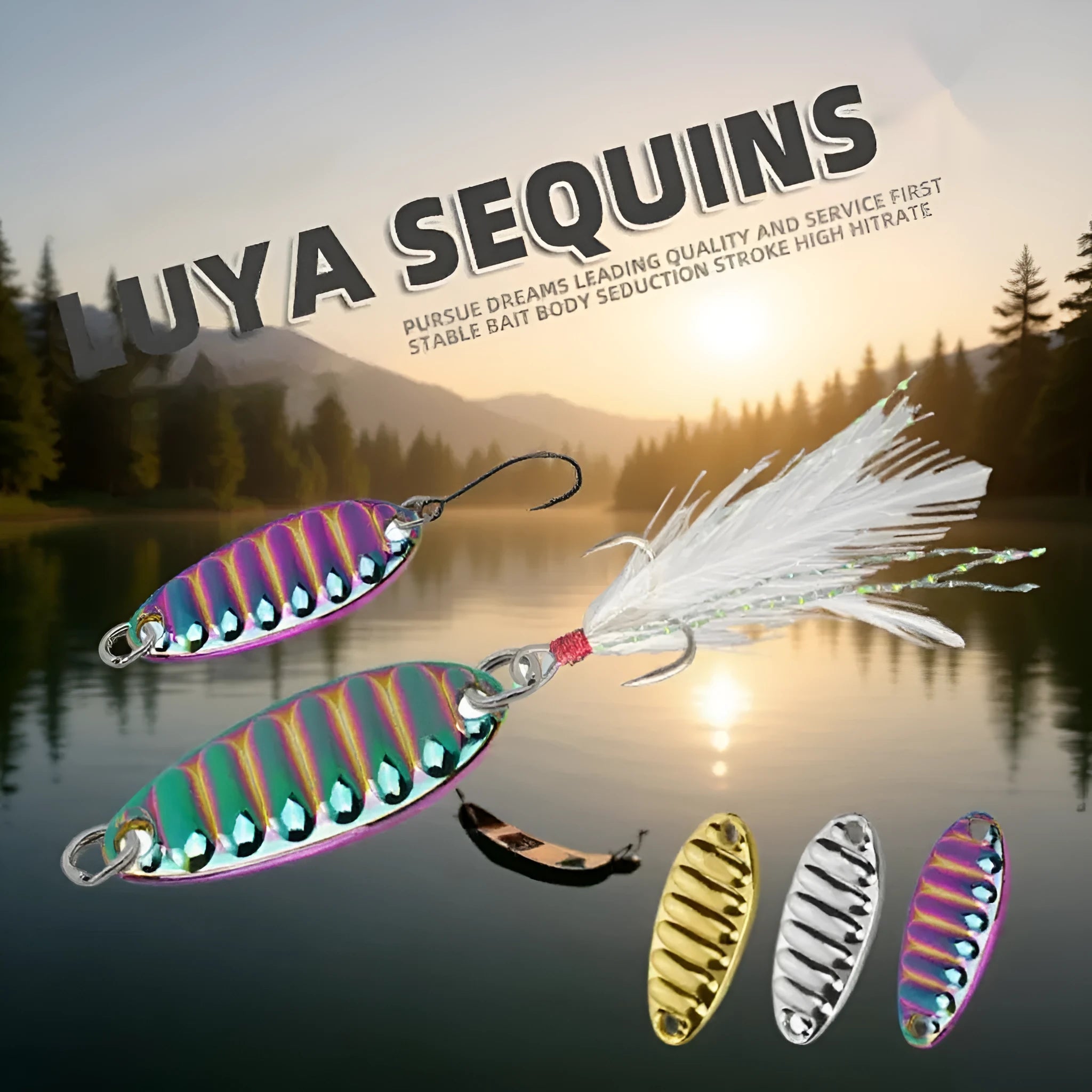 Sea water offset feather hook fishing lure set with gold and silver sequins, plastic fake fish bait, multiple weights