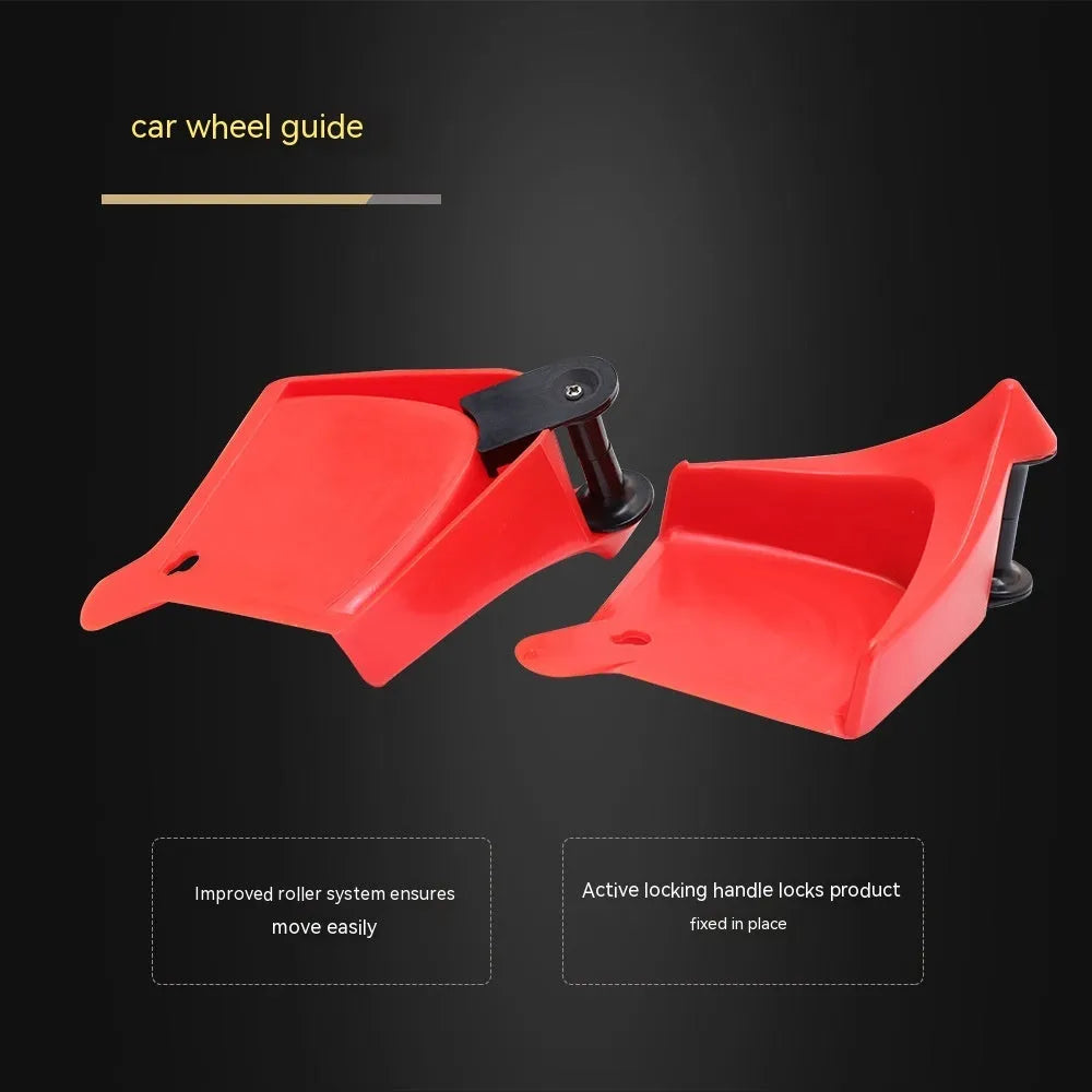 Four bright red triangular plastic parking blocks for car tyres
