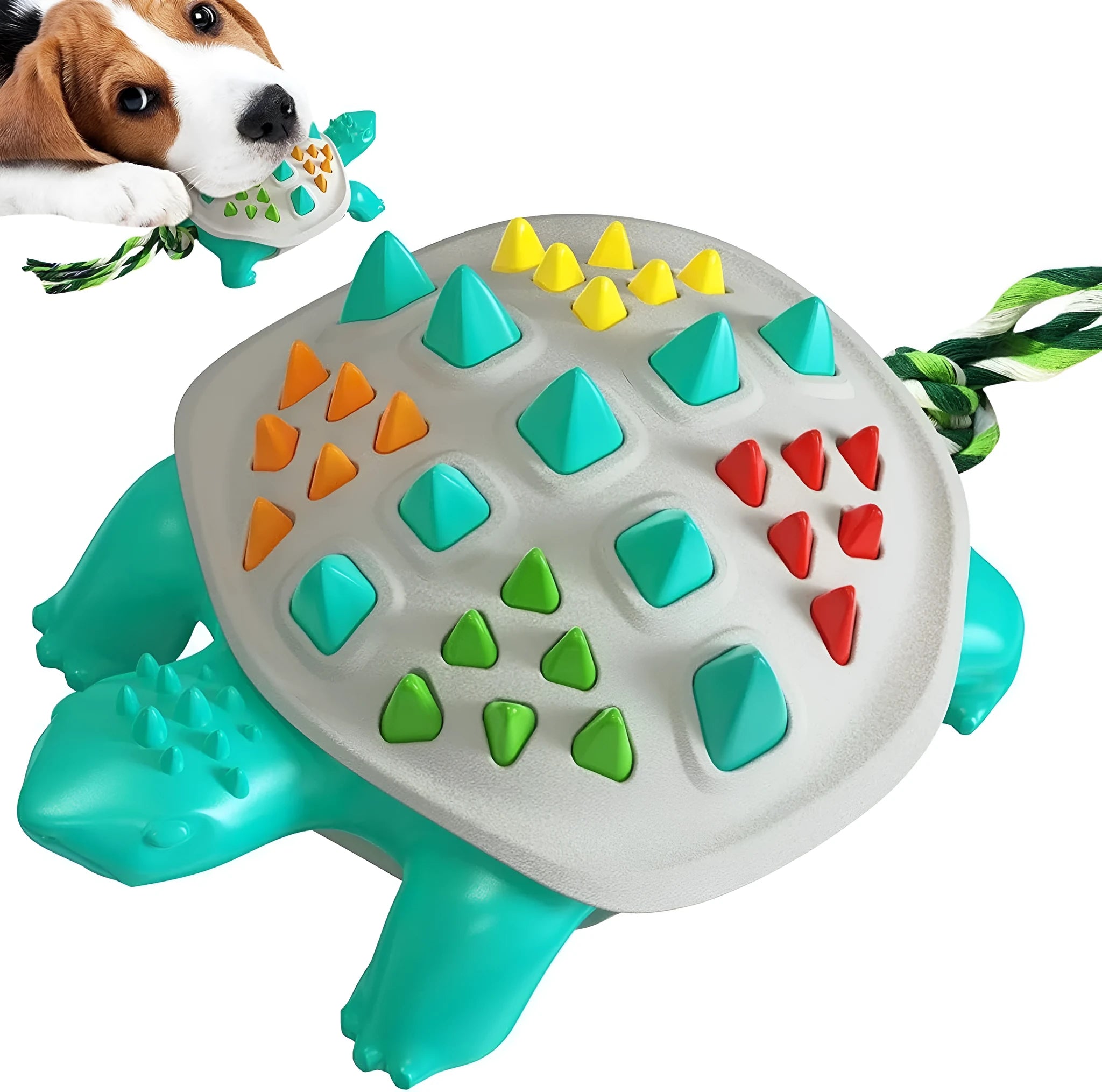 Natural rubber dog toothbrush chew toy with dinosaur design and tug-of-war tail in mint flavour