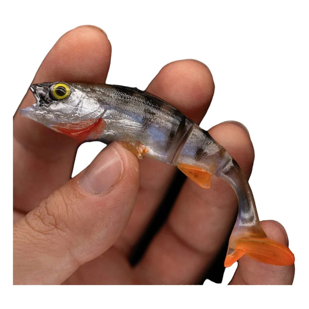 Soft plastic fishing lure with scissor-tail catfish design and fish pattern colour